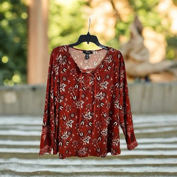 Style & Co Women's Lace Up Tie Front Long Sleeve Floral Blouse Plus 1X NWT - Picture 10 of 14